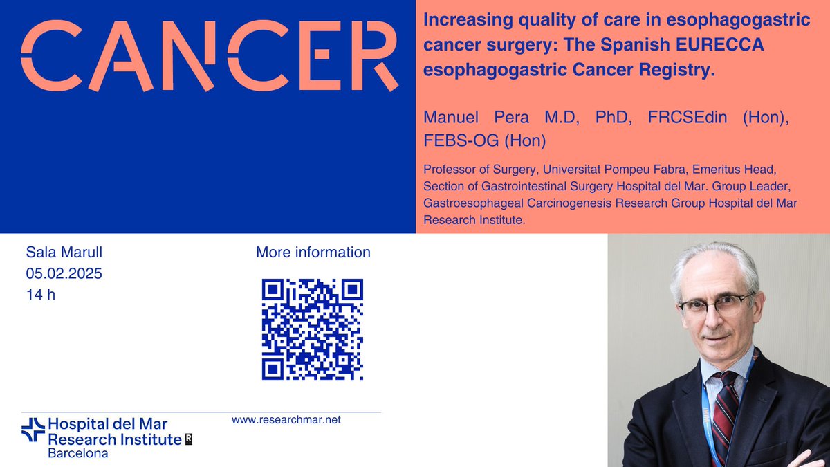 HMar Research Institute (@hmar_research) on Twitter photo 🆕#Cancer Seminar
📅05 FEB ⏰14:00h 📌Sala Marull
🗣️Manuel Pera <a href="/ManuelPera11/">Manuel Pera</a> <a href="/UPFbiomed/">UPF Medicine and Life Sciences</a> <a href="/hospitaldelmar/">Hospital del Mar</a> <a href="/HMar_research/">HMar Research Institute</a>
🎙️Increasing quality of care in esophageal cancer surgery: The Spanish EURECCA esophagogastric Cancer Registry
👉researchmar.net/agenda/914 🆕#Cancer Seminar
📅05 FEB ⏰14:00h 📌Sala Marull
🗣️Manuel Pera <a href="/ManuelPera11/">Manuel Pera</a> <a href="/UPFbiomed/">UPF Medicine and Life Sciences</a> <a href="/hospitaldelmar/">Hospital del Mar</a> <a href="/HMar_research/">HMar Research Institute</a>
🎙️Increasing quality of care in esophageal cancer surgery: The Spanish EURECCA esophagogastric Cancer Registry
👉researchmar.net/agenda/914