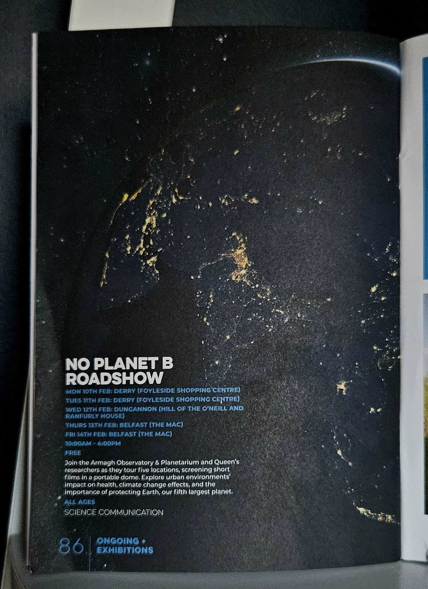 SPACE QUB (@spacequb) on Twitter photo Did you catch us in the <a href="/niscifest/">NI Science Festival</a> brochure?
Researchers from <a href="/spacequb/">SPACE QUB</a> and <a href="/GroundswellCon/">GroundsWell Consortium</a> are teaming up with <a href="/ArmaghSpace/">Armagh Observatory & Planetarium</a> again, and taking our No Planet B show on the road! 🌍
Drop in 10am-4pm - Derry, Dungannon, Belfast. Totally FREE! More info ⬇️
nisciencefestival.com/events/no-plan… Did you catch us in the <a href="/niscifest/">NI Science Festival</a> brochure?
Researchers from <a href="/spacequb/">SPACE QUB</a> and <a href="/GroundswellCon/">GroundsWell Consortium</a> are teaming up with <a href="/ArmaghSpace/">Armagh Observatory & Planetarium</a> again, and taking our No Planet B show on the road! 🌍
Drop in 10am-4pm - Derry, Dungannon, Belfast. Totally FREE! More info ⬇️
nisciencefestival.com/events/no-plan…