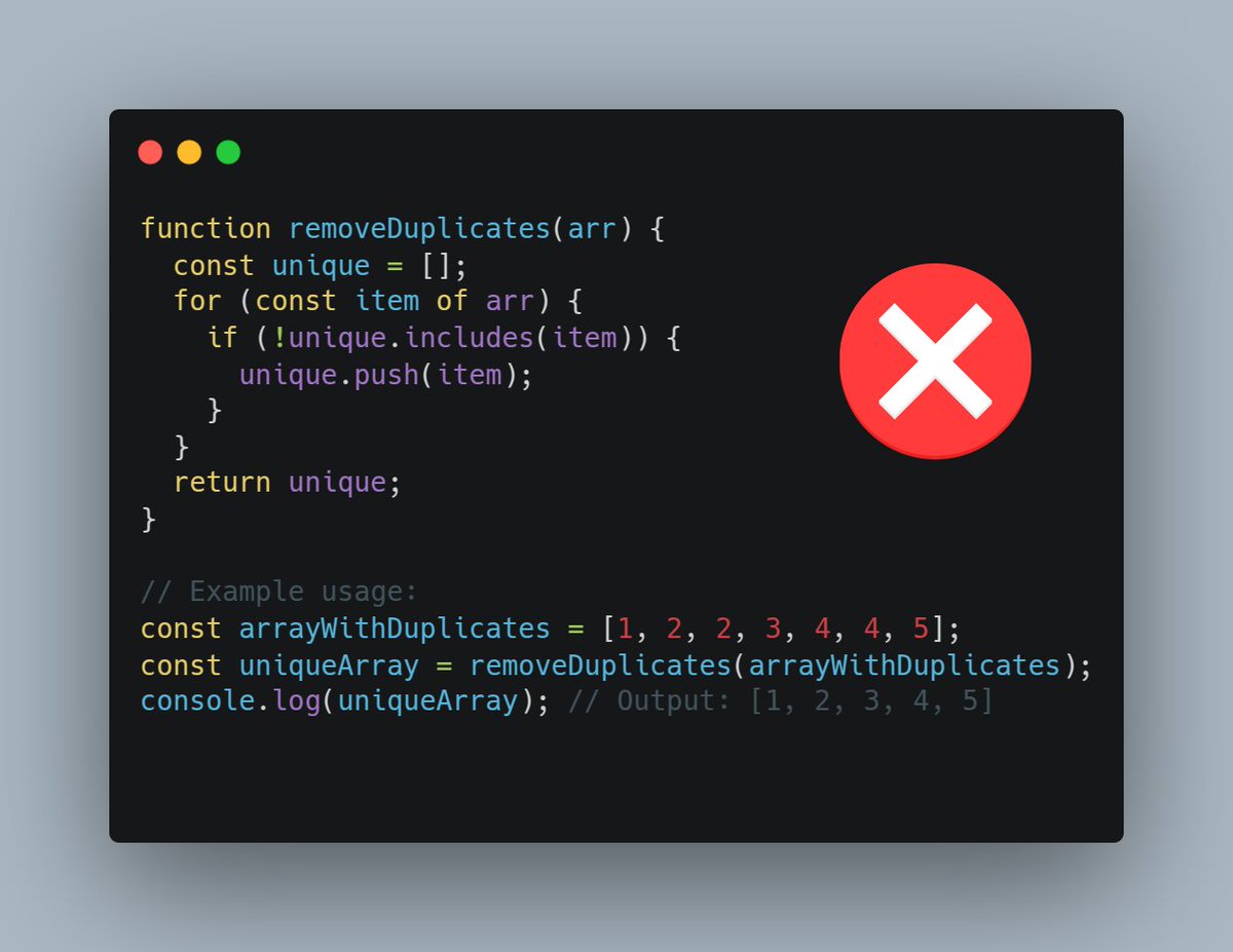 CedarDaniel2's tweet image. Sets are a really clean way to remove duplicate values from a javascript array!
#SpaghettiCode #CleanCode #ReadableCode #CodeQuality #SoftwareDevelopment #ProgrammingTips #TechBooks