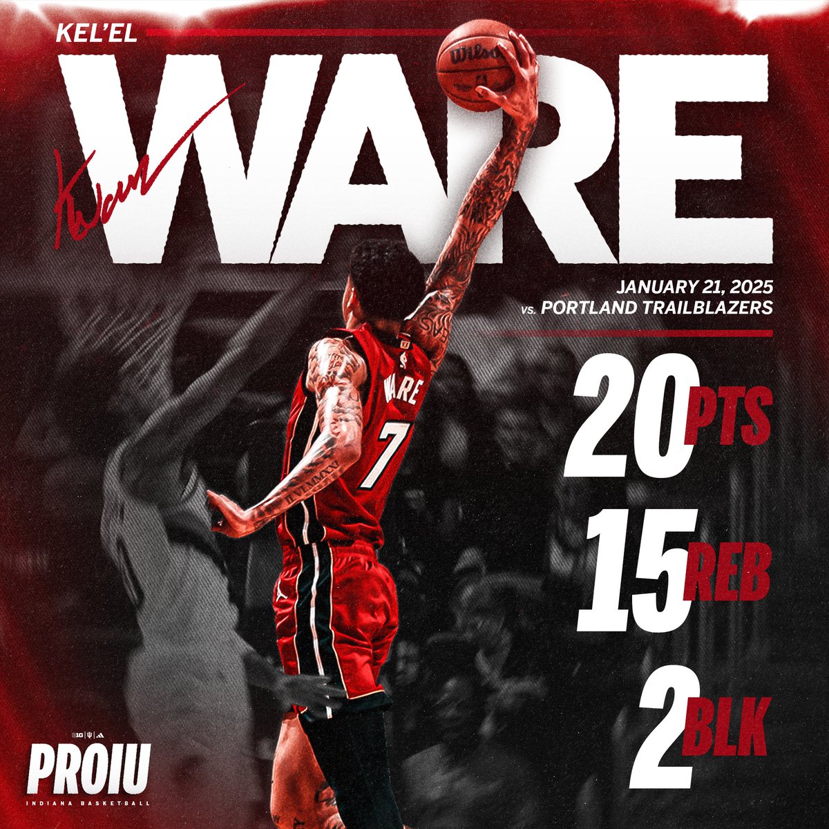 IndianaMBB's tweet photo. What a first career start for @KelelWare. 👏

Kel'el joins David Robinson (1989 San Antonio Spurs) as the only NBA players in the last 40 years to have 20+ points, 15+ rebounds, &amp; 2+ blocks in their first career start.

📊 via @OptaSTATS. https://t.co/GDALqP4muD