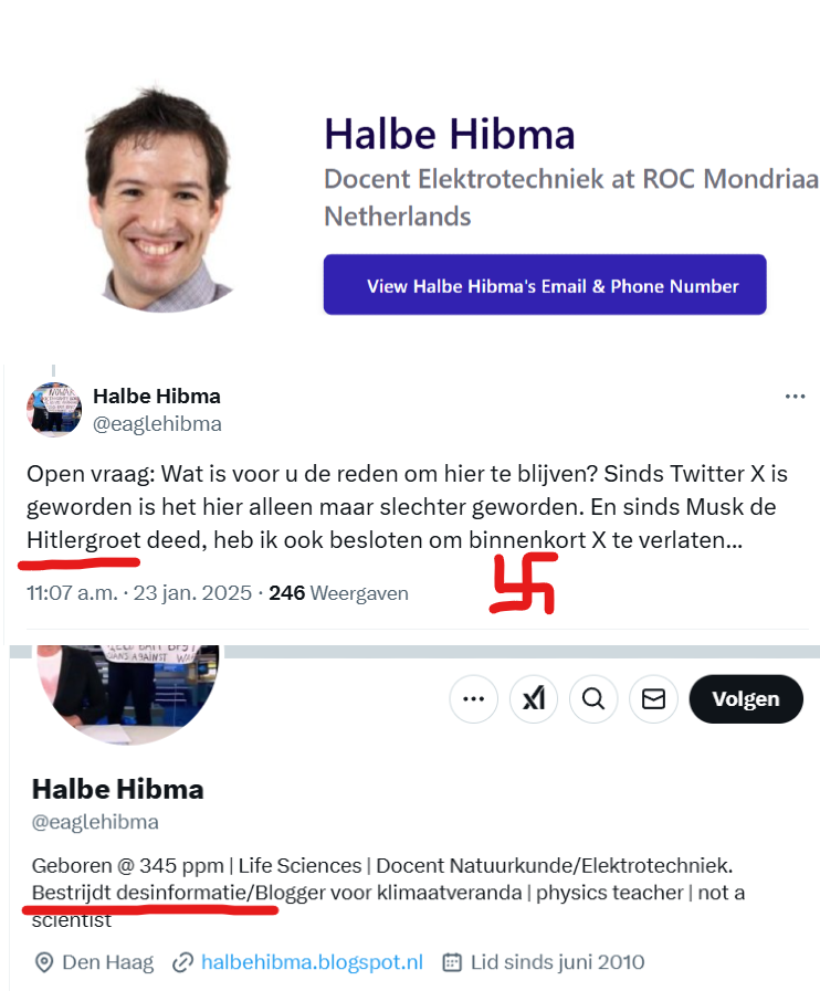 Halbe Hibma beweert dat Elon Musk een nazigroet uitbracht, terwijl dit niet het geval was en ook nergens op is gebaseerd. Let op: dit is ook al dagen bekend en tegengesproken. 

Hibma zegt 'desinformatie te bestrijden' maar verspreidt dus zelf desinformatie. Halbe Himba is ziek.