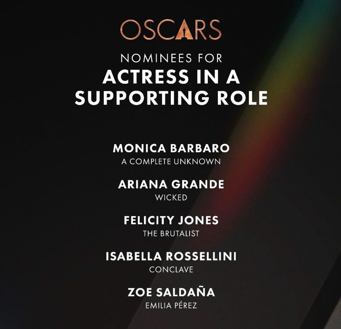 infoari's tweet photo. Ariana Grande sobre sua indicação ao Oscar: 

“Segurando minha cabeça entre soluços para dizer obrigada, não consigo parar de chorar, para a Academia por esta surpresa inimaginável. Estou humildemente e profundamente honrada de estar em tão brilhante companhia e compartilhar isso com a pequena Ari que se sentou e estudou Judy Garland cantando ‘Somewhere Over the Rainbow’ justo antes de entrar na grande e bela bolha. Estou tão orgulhosa de você pequena, obrigada novamente, do fundo do meu coração, por este reconhecimento Academia.

Obrigada Jon M. Chu por apostar em mim e por ser o líder mais inacreditavelmente brilhante, ser humano e o amigo mais feroz. estou tão profundamente orgulhoso do meu belo elenco, minha querida Cynthia, seu brilho é sem fim e você merece cada flor (tulipa) em seu jardim. Te amo incondicionalmente, sempre.

Ainda não tenho todas as minhas palavras, Estou tentando respirar, mas obrigada. oh meu Deus, obrigada!”