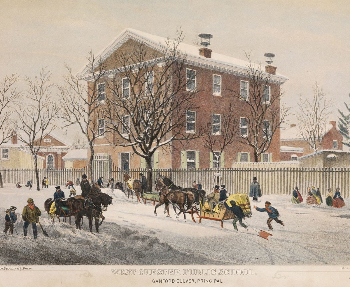 LCPCurator's tweet image. The more things change, the more they stay the same. Shoveling snow, children making their way to school, and traffic going down the street. This print shows the West Chester Public School in circa 1855.