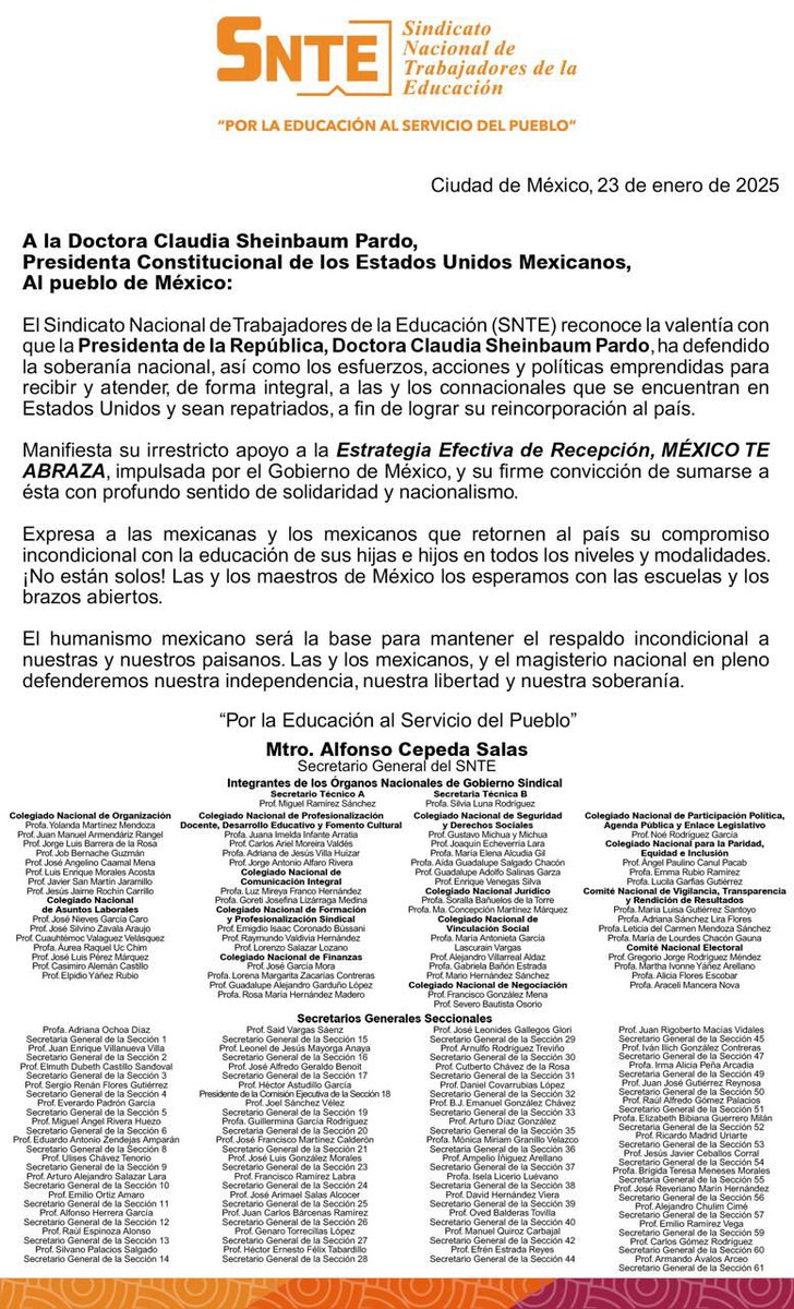 RamirezMiguel64's tweet photo. El #SNTE, dirigido por el Mtro. Alfonso Cepeda respalda la estrategia #MéxicoTeAbraza, de la Presidenta @Claudiashein, para proteger a connacionales repatriados. ¡No están solos! Las y los maestros de 🇲🇽 los esperamos con las escuelas y los brazos abiertos https://t.co/fN9Uymvgk8 https://t.co/3nkuHfXdbt