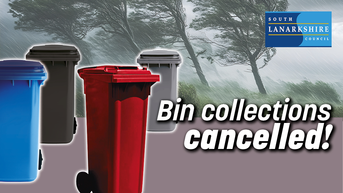 SouthLanCouncil's tweet photo. All bin collections are cancelled in South Lanarkshire tomorrow, Friday 24 January, due to the Red weather warning. 
Do NOT present any bin due to be collected tomorrow. We will advise when we will be able to catch up on collections. https://t.co/LopR5YqIbl