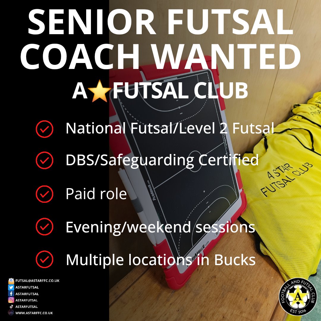 BucksFutsalYth's tweet photo. ⭐️ SENIOR FUTSAL COACH REQUIRED ⭐️

As @astarfutsal continue their growth &amp; expansion, offering more training sessions, more matches &amp; more tours to more players across #Buckinghamshire we are looking for a senior futsal coach.

Email for further details.

📧 matt@astarffc.co.uk https://t.co/VUlWN083gX