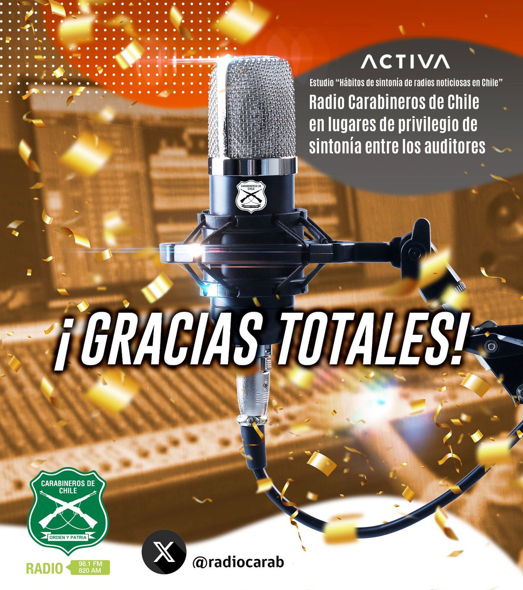 Felicitamos a todo el equipo de nuestra <a href="/RadioCarab/">Carabineros Radio</a> por obtener un lugar destacado en audiencia en el estudio "Hábitos de sintonía de radios noticiosas en Chile".
Profesionales de las comunicaciones que informan y acompañan a miles de chilenos a través de la 98.1 FM y 820 AM.