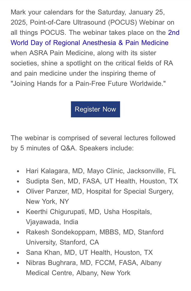 🩺 Hari (హరి 🇮🇳) Kalagara (@kalagarahari) on Twitter photo #POCUS #regionalanesthesia
Only 2 more days for #WDRAPM25
Join us for 🆓 exclusive #POCUS webinar on Jan 25th !
Register 🔜 asra.zoom.us/webinar/regist… <a href="/ASRA_Society/">ASRA Pain Medicine</a> <a href="/ESRA_Society/">ESRA | European Society of Regional Anaesthesia</a> <a href="/AoraIndia/">AORA India</a> <a href="/scahq/">Society of Cardiovascular Anesthesiologists | SCA</a> <a href="/CAS_RegAnes/">CAS Regional & Acute Pain Section</a> <a href="/ASALifeline/">ASA®</a> <a href="/mokaeleni/">Eleni Moka</a> <a href="/NarouzeMD/">Samer Narouze,MD,PhD,MMM</a> <a href="/shaskinsMD/">Stephen Haskins</a> <a href="/RegionalAnaesUK/">RA-UK</a> #POCUS #regionalanesthesia
Only 2 more days for #WDRAPM25
Join us for 🆓 exclusive #POCUS webinar on Jan 25th !
Register 🔜 asra.zoom.us/webinar/regist… <a href="/ASRA_Society/">ASRA Pain Medicine</a> <a href="/ESRA_Society/">ESRA | European Society of Regional Anaesthesia</a> <a href="/AoraIndia/">AORA India</a> <a href="/scahq/">Society of Cardiovascular Anesthesiologists | SCA</a> <a href="/CAS_RegAnes/">CAS Regional & Acute Pain Section</a> <a href="/ASALifeline/">ASA®</a> <a href="/mokaeleni/">Eleni Moka</a> <a href="/NarouzeMD/">Samer Narouze,MD,PhD,MMM</a> <a href="/shaskinsMD/">Stephen Haskins</a> <a href="/RegionalAnaesUK/">RA-UK</a>