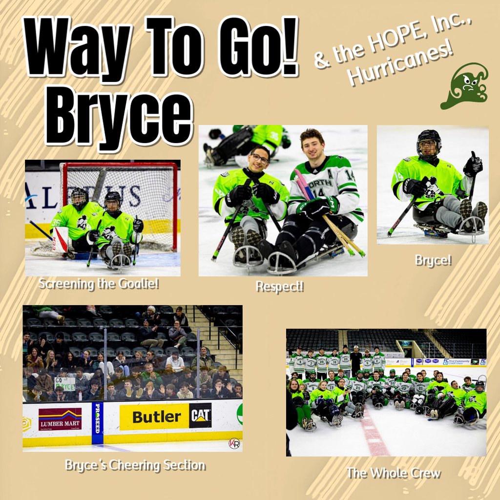 Way to go Bryce Campos and the Hope, Inc. Hurricanes sled hockey team! They pulled off a thrilling overtime shootout victory against a tough UND mens hockey team last night in front of a large and spirited crowd at the Ralph Engelstad Arena. 

#SledHockey #UNDHockey #BryceForMVP