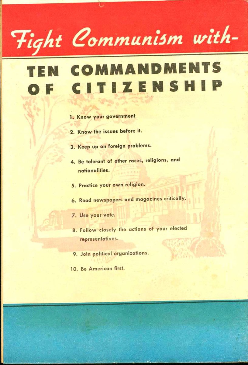🗣️ Fight Communism with Ten Commandments of Citizenship (1947)

This vintage poster outlines 'Ten Commandments of Citizenship' like knowing your government, staying informed on issues, and practicing tolerance. Important reminder that active citizenship is key to preserving