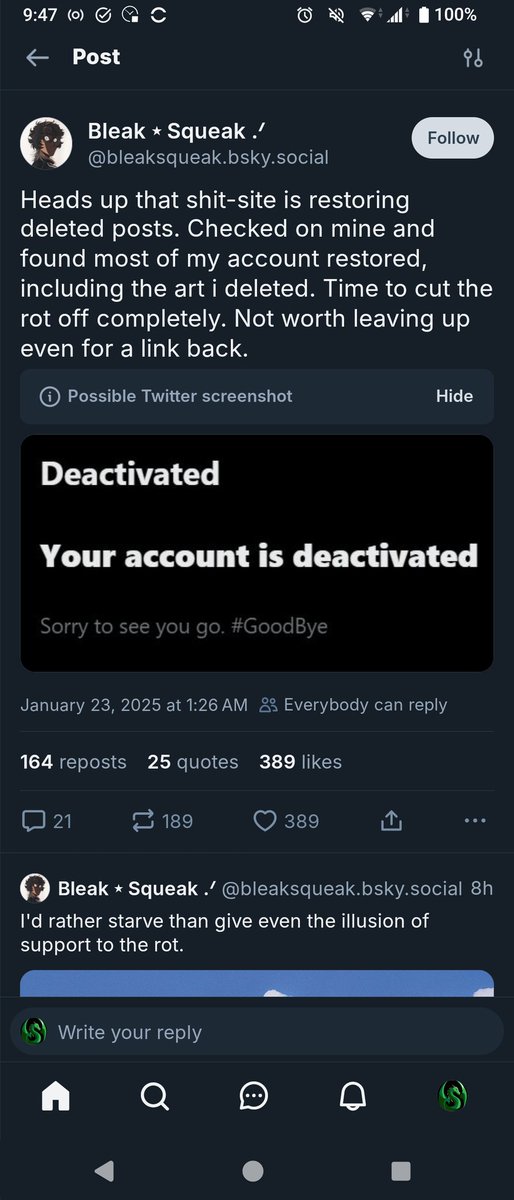 Lazerlord10's tweet photo. I know you probably know this already, but if you deleted art to not feed this site, it might be restored without your knowing.

If this doesn't make you leave, what will.

I'm not coming back, sorry. You can still contact me. https://t.co/YgVy5GJfBe