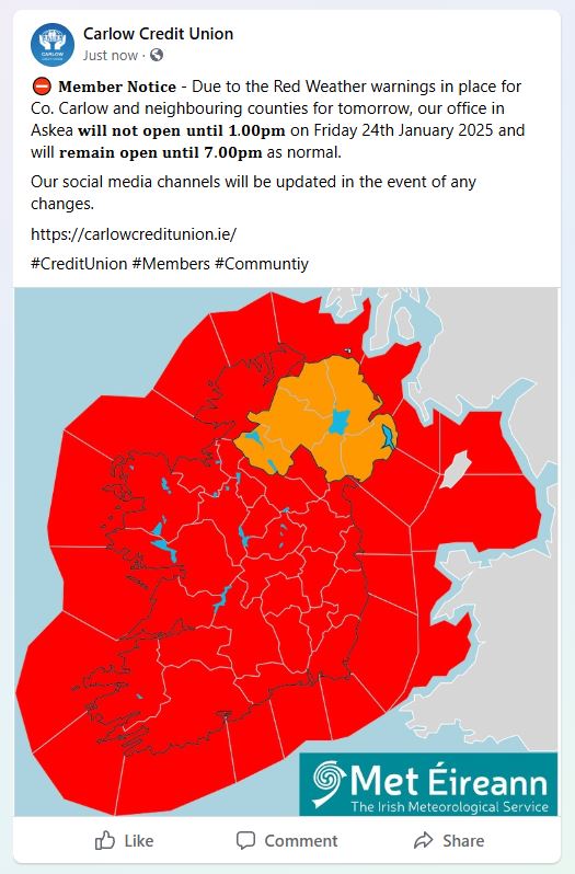 Carlow Credit Union (@carlowcu) on Twitter photo โ ๏ธ๐๐๐ฆ๐๐๐ซ ๐๐จ๐ญ๐ข๐๐ - Due to the Red Weather warnings in place for Co. Carlow and neighbouring counties tomorrow, our office in Askea ๐ฐ๐ข๐ฅ๐ฅ ๐ง๐จ๐ญ ๐จ๐ฉ๐๐ง ๐ฎ๐ง๐ญ๐ข๐ฅ ๐.๐๐๐ฉ๐ฆ on Friday 24th January and will ๐ซ๐๐ฆ๐๐ข๐ง ๐จ๐ฉ๐๐ง ๐ฎ๐ง๐ญ๐ข๐ฅ ๐.๐๐๐ฉ๐ฆ as normal. โ ๏ธ๐๐๐ฆ๐๐๐ซ ๐๐จ๐ญ๐ข๐๐ - Due to the Red Weather warnings in place for Co. Carlow and neighbouring counties tomorrow, our office in Askea ๐ฐ๐ข๐ฅ๐ฅ ๐ง๐จ๐ญ ๐จ๐ฉ๐๐ง ๐ฎ๐ง๐ญ๐ข๐ฅ ๐.๐๐๐ฉ๐ฆ on Friday 24th January and will ๐ซ๐๐ฆ๐๐ข๐ง ๐จ๐ฉ๐๐ง ๐ฎ๐ง๐ญ๐ข๐ฅ ๐.๐๐๐ฉ๐ฆ as normal.