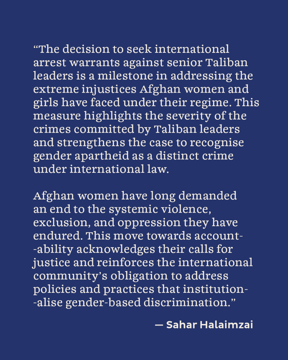 MalalaFund's tweet image. The International Criminal Court's (ICC) announcement today that it will apply for arrest warrants against senior Taliban leaders marks a pivotal moment in the pursuit of justice for Afghan women and girls.
Under the Rome Statute, persecution on the grounds of gender is…