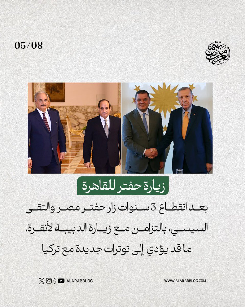 AlarabBlog's tweet photo. انقطاع 3 سنوات زار #حفتر #مصر والتقى #السيسي، بالتزامن مع زيارة الدبيبة لأنقرة، ما قد يؤدي إلى توترات جديدة مع #تركيا

#مدونة_العرب https://t.co/vGP5thDe1i