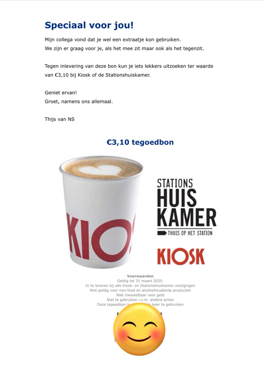 Frankblzs's tweet photo. Sta je op het station te wachten op je #trein naar huis en raak je in gesprek met een #conductrice.
Even mee staan kletsen en ze vond dat ik wel een kopje koffie verdiend had voor het wachten.
Ook dat is @NS_online mensen
Zeker het #personeel is altijd meer dan vriendelijk. ❤️👍🏻 https://t.co/OJkfnDgud2