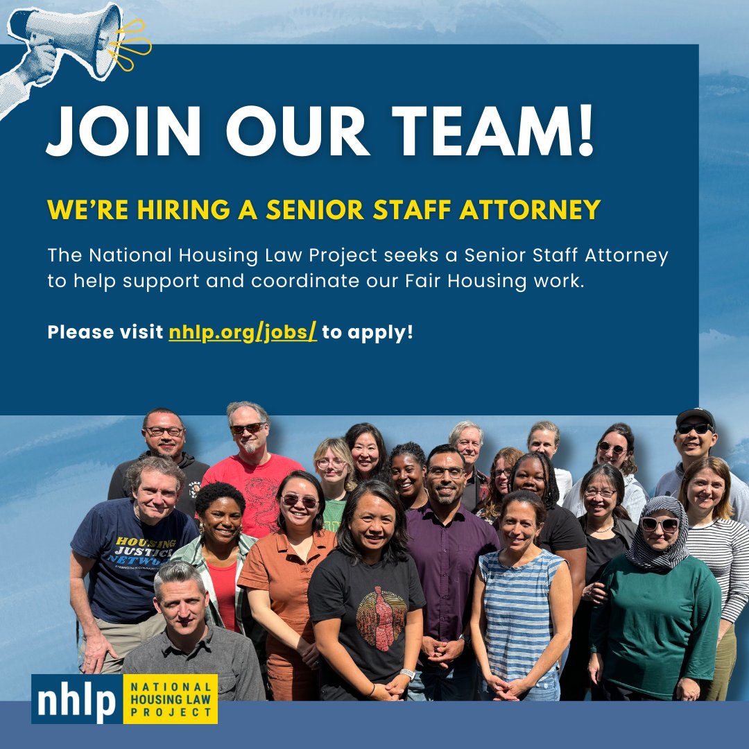 We're hiring! The National Housing Law Project seeks a Senior Staff Attorney to help support and coordinate our Fair Housing work.

Apply today at nhlp.org/jobs!