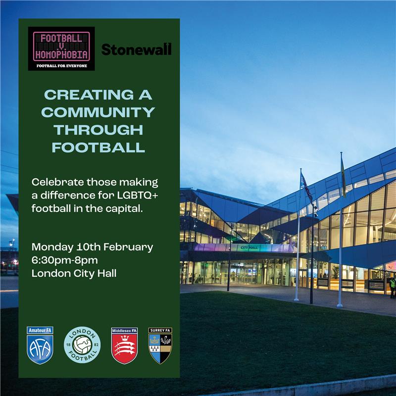 Celebrate LGBTQ+ inclusion in football with a free #ForAll event in partnership with <a href="/FvHtweets/">FootballvHomophobia</a>, <a href="/stonewalluk/">Stonewall</a> &amp; <a href="/LondonAssembly/">London Assembly</a>.

🗓️ Monday 10th February
🕐 6.30pm
📌 London City Hall

🔗bookwhen.com/londonfa/e/ev-…