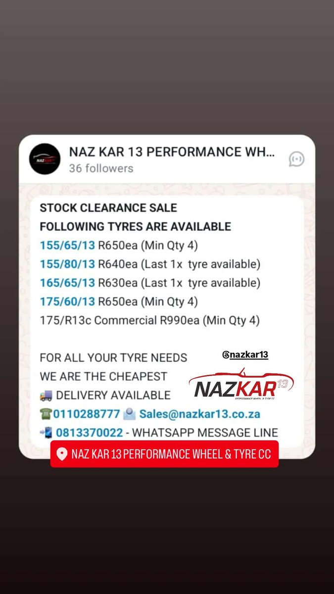 Nazkar13's tweet photo. STOCK CLEARANCE SALE 22 JAN 2025 - THE FOLLOWING BRAND NEW TYRES ARE AVAILABLE

FOR ALL YOUR TYRE NEEDS
WE ARE THE CHEAPEST
🚚 DELIVERY AVAILABLE 
☎️0110288777 📧 Sales@nazkar13.co.za
📲 0813370022 - WHATSAPP MESSAGE LINE

#tyre #tire #295/35R21 #305/30R20 #275/30R20 #255/60R17 https://t.co/7pSPkLyGdb