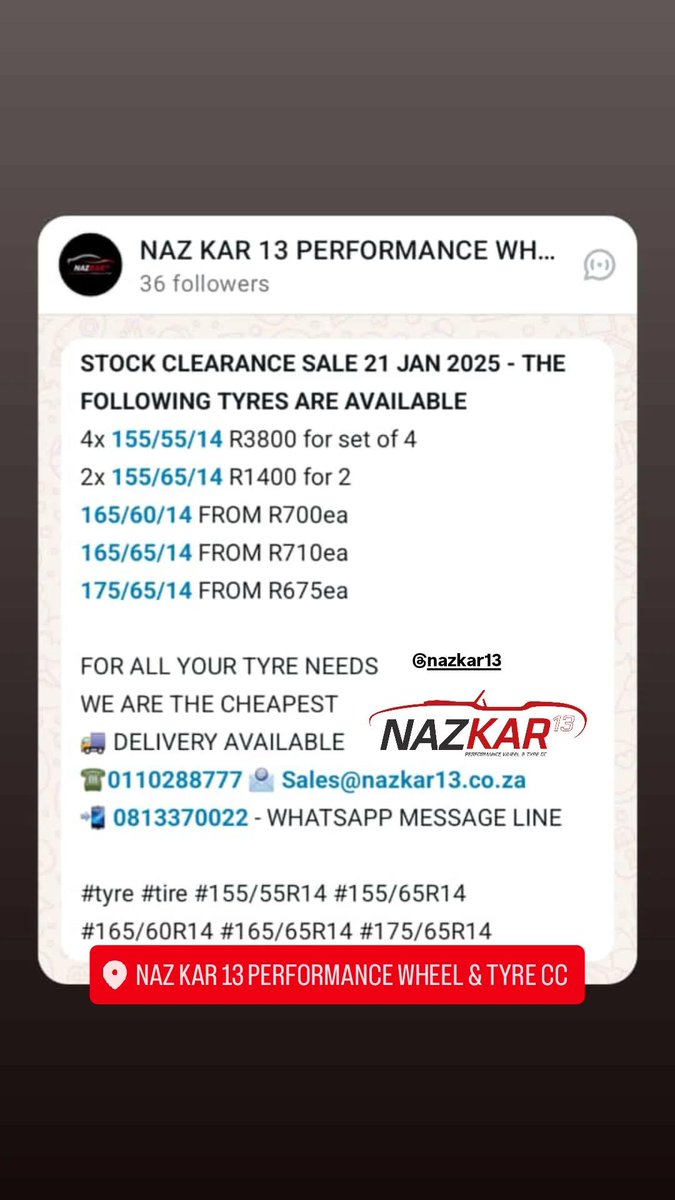 Nazkar13's tweet photo. STOCK CLEARANCE SALE 22 JAN 2025 - THE FOLLOWING BRAND NEW TYRES ARE AVAILABLE

FOR ALL YOUR TYRE NEEDS
WE ARE THE CHEAPEST
🚚 DELIVERY AVAILABLE 
☎️0110288777 📧 Sales@nazkar13.co.za
📲 0813370022 - WHATSAPP MESSAGE LINE

#tyre #tire #295/35R21 #305/30R20 #275/30R20 #255/60R17 https://t.co/7pSPkLyGdb