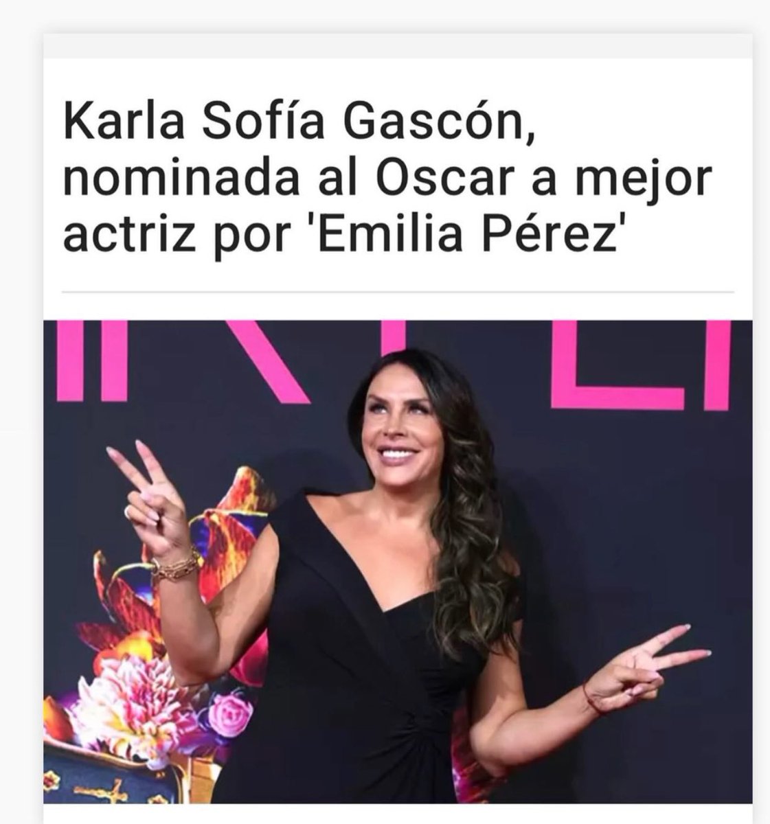 Me llena de orgullo la nominación al Oscar de Karla Sofía Gascón. Es una actriz a la que, sin conocer personalmente, ya quiero. Su éxito es reflejo del talento y pasión que inspira a todos los españoles. Su triunfo es nuestro. ¡Te quiero, Karla, y estamos contigo en este camino!