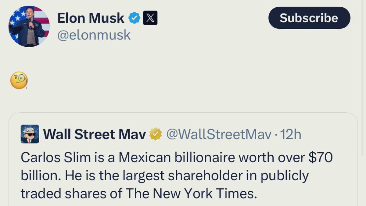 This is B.S. that Elon Musk is amplifying — Carlos Slim sold the majority of his shares of The New York Times Company several years ago. He is not among the company's top shareholders.