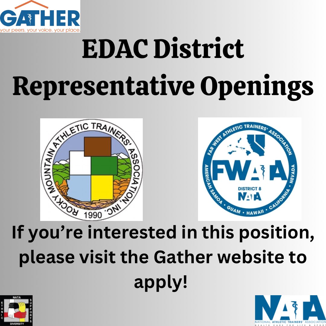 Attention FWATA and RMATA members!!! The EDAC District Representative position is open! If you are interested in applying for one of these positions, please visit the GATHER website for more information. 
#EDAC365 #EDAC4ALL #RepresentationMatters #DiversityMatters