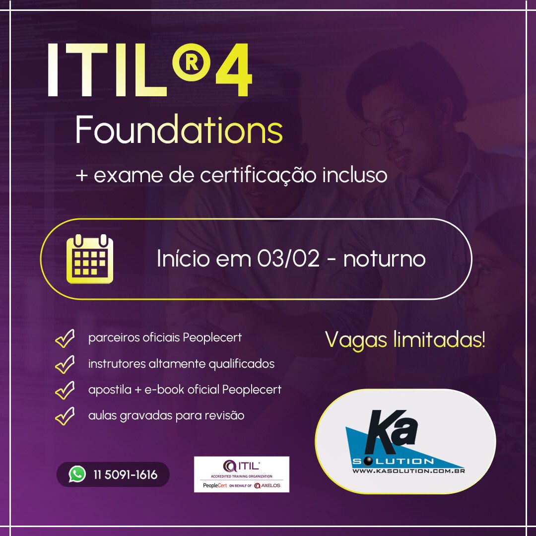 KaSolution's tweet photo. 🟣 Turma iniciando: ITIL®️4 Foundations
🗓 Início em 03/02
➡️ Noturno
💻 https://t.co/xScccenyVK
✅ Whatsapp: 11 5091-1616
➡️ Link Whats: https://t.co/e0wjDmDmIg
#kasolution #scrum #scrumnaka #scrummaster #scrumpo #productowner #itil #itilv3 #itil4 #cobit #cobit5 #cobit2019 https://t.co/xnAbxB4vMQ