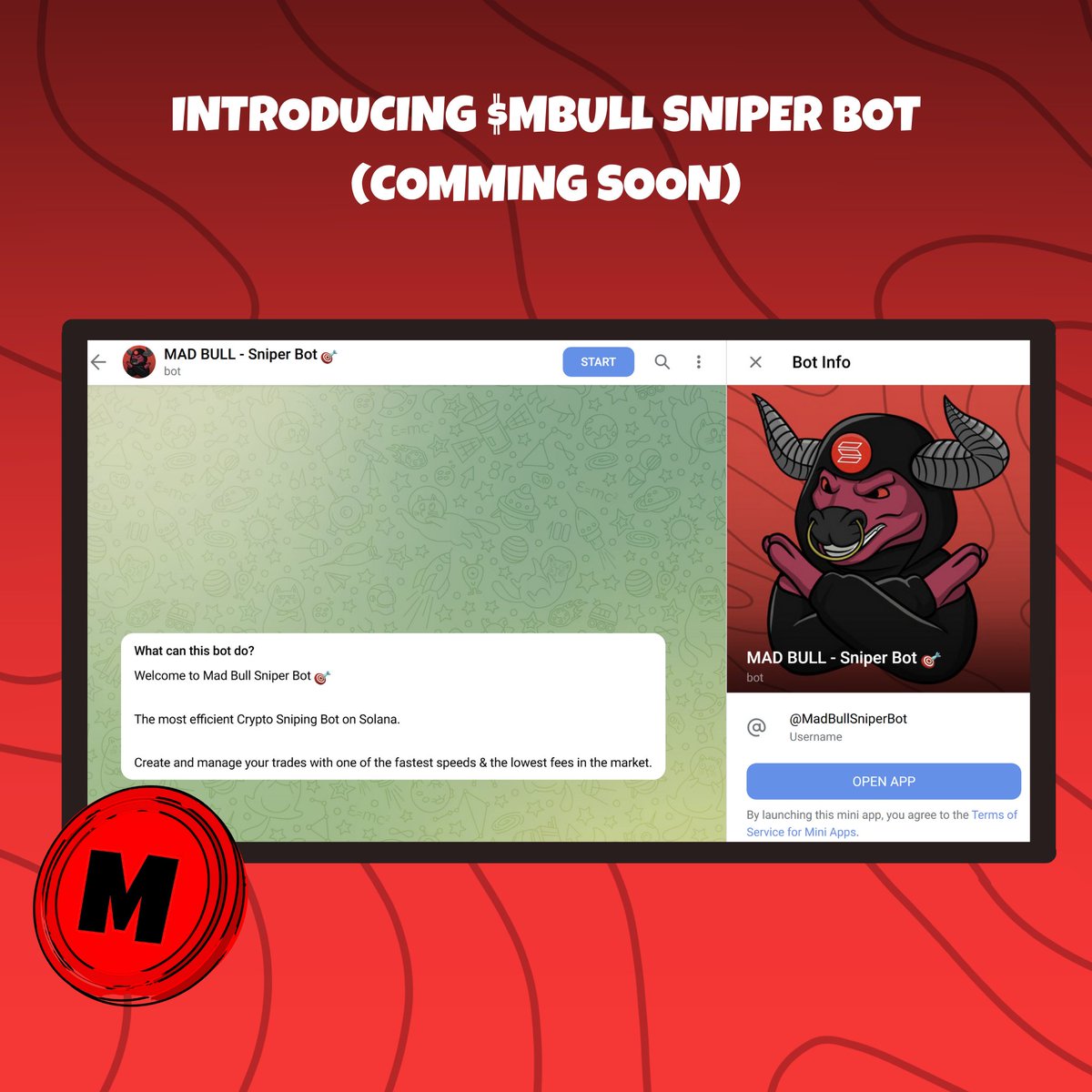 🚨 Mad Bull Sneak Peek: Sniper Bot 

Get ready for the most efficient crypto sniping bot on Solana! 

- Fastest Snipes ⚡️ 
- Lowest Fees 💸 
- Seamless Trade Management 🛠

Create and manage your trades with the Mad Bull Sniper Bot—taking your trading to the next level. 🐃 

Stay