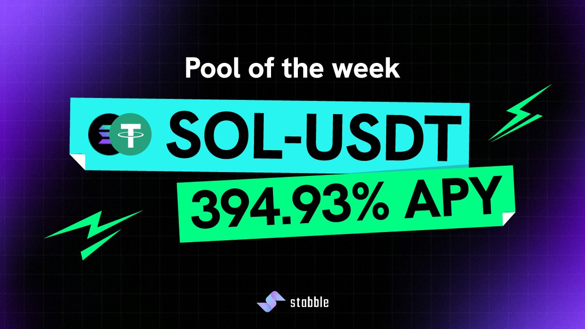Pool of the Week: SOL-USDT Liquidity flows to @solana. Maximize your gains  with the SOL-USDT liquidity pool, boasting a remarkable 7-day APY of  394.93%, only on stabble! Smart liquidity, better rewards. Start