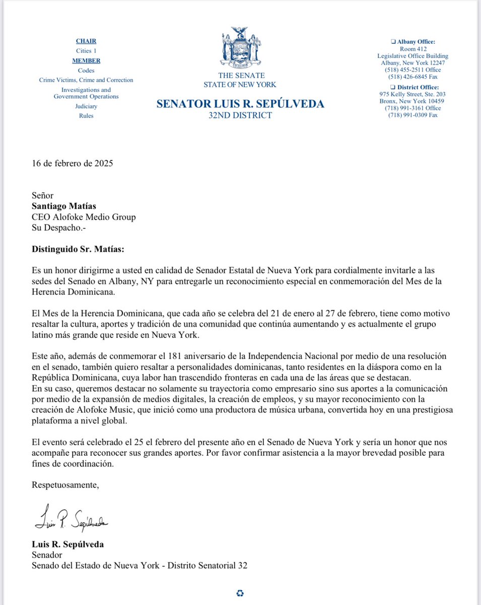 matiasgarciard's tweet photo. Las bendiciones llegan a quienes trabajan duro y nunca dejan de soñar en grande. Quiero agradecer de todo corazón al Senador Estatal de Nueva York por este reconocimiento especial en el marco del Mes de la Herencia Dominicana. Este honor no solo me llena de orgullo, sino que también refleja el esfuerzo y los aportes de toda nuestra comunidad dominicana, que sigue dejando su huella en Nueva York y más allá.

Este tipo de reconocimientos, especialmente para alguien joven y atípico como yo, que ha tomado un camino fuera de lo convencional, tienen un valor especial. Que venga de un senador del Partido Demócrata, alguien que reconoce el trabajo y el talento más allá de las diferencias políticas, es algo que merece ser aplaudido. Es un gesto que habla de justicia y mérito, y eso lo valoro profundamente.

Ser destacado por mi trayectoria como empresario y por lo que hemos construido con Alofoke Media Group es un privilegio que me recuerda que todo esfuerzo vale la pena. Este reconocimiento no es solo mío, es de todos los dominicanos que, con sacrificio y perseverancia, están abriendo caminos y construyendo un futuro mejor.

Gracias por valorar lo que hacemos y por inspirarnos a seguir adelante. ¡Nos vemos este 25 de febrero en Albany para celebrar juntos este gran honor! 🇩🇴 @nysensepulveda
