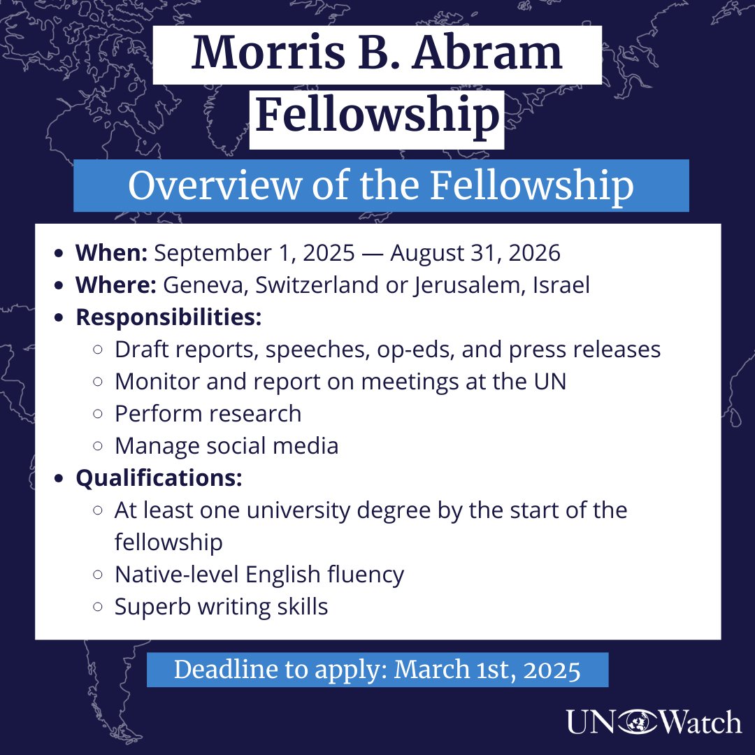 UNWatch's tweet photo. 📣 Do you know any talented current college seniors or recent graduates who would be a good fit for UN Watch's prestigious Morris B. Abram Fellowship?

🔗 Make sure they apply here by March 1st: https://t.co/Hqj5pG2zwY https://t.co/j485pW9PHv