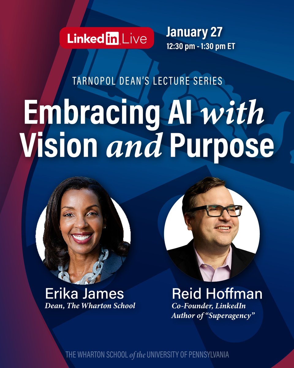 Join us on January 27 as we livestream a sit-down conversation between Dean @ErikaHJames and @ReidHoffman, tech visionary and co-founder of LinkedIn, as they examine the profound implications of an AI-powered future: whr.tn/3Ege5WK

Drawing from his upcoming book,