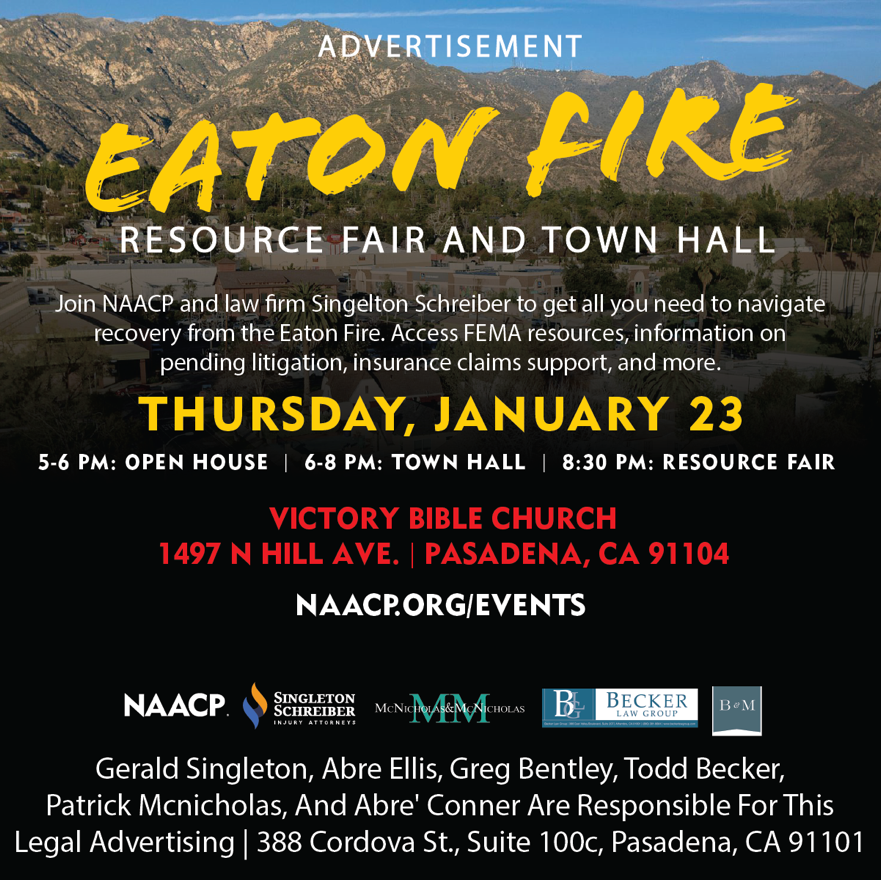 Do you have questions about the Eaton Fire recovery efforts? 

Don’t miss the NAACP and <a href="/SingletonShreib/">Singleton Schreiber</a>'s town hall, streaming live tonight at 6 p.m. PT.

During this event, attendees will learn about accessing FEMA resources, a pending lawsuit, insurance claims support, and
