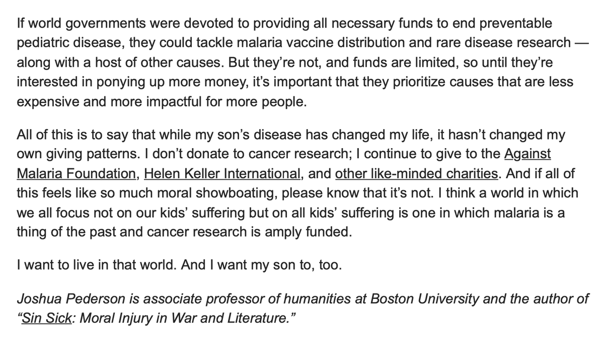 This is an insanely big-hearted oped from the dad of a kid with a rare pediatric cancer who must be going through an unimaginably difficult experience