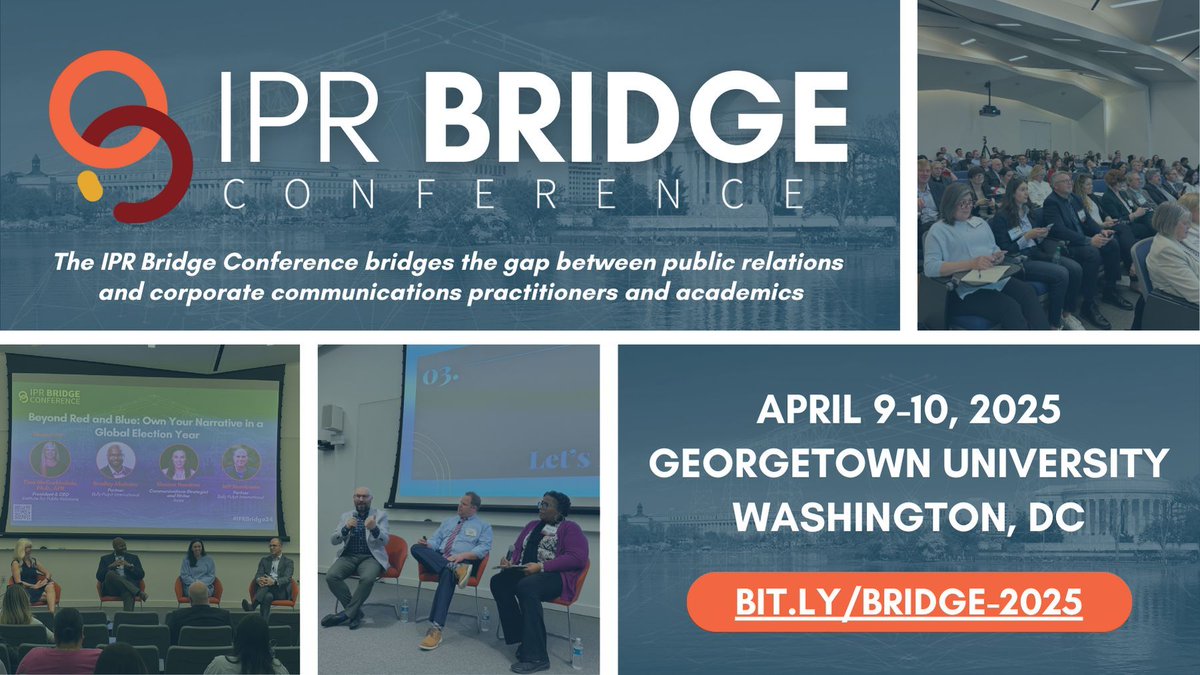 Join us at the 2025 IPR Bridge Conference in Washington, DC!

Explore the latest in public relations and communications research and connect with top leaders from practice and academia in an intimate setting. 🤝📊

Register today! 👉 buff.ly/4fYJ5b3