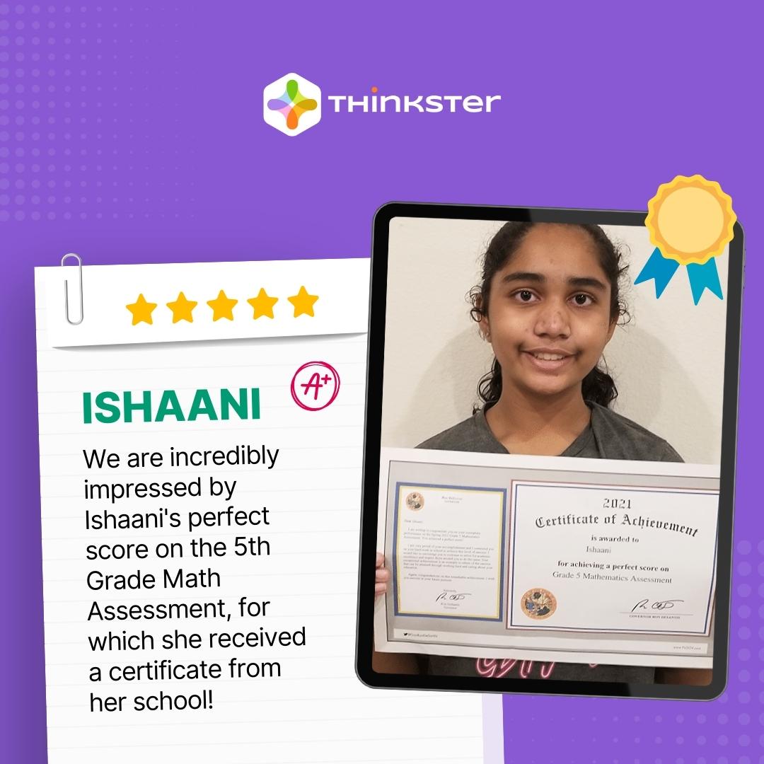 hellothinkster's tweet photo. We were incredibly impressed by Ishaani's perfect score on the 5th Grade Math Assessment, earning her a certificate from her school! Her hard work and achievement were truly commendable. 🎉 #StudentSuccess #MathExcellence #HardWorkPaysOff #Achievement https://t.co/AFLavnuYel