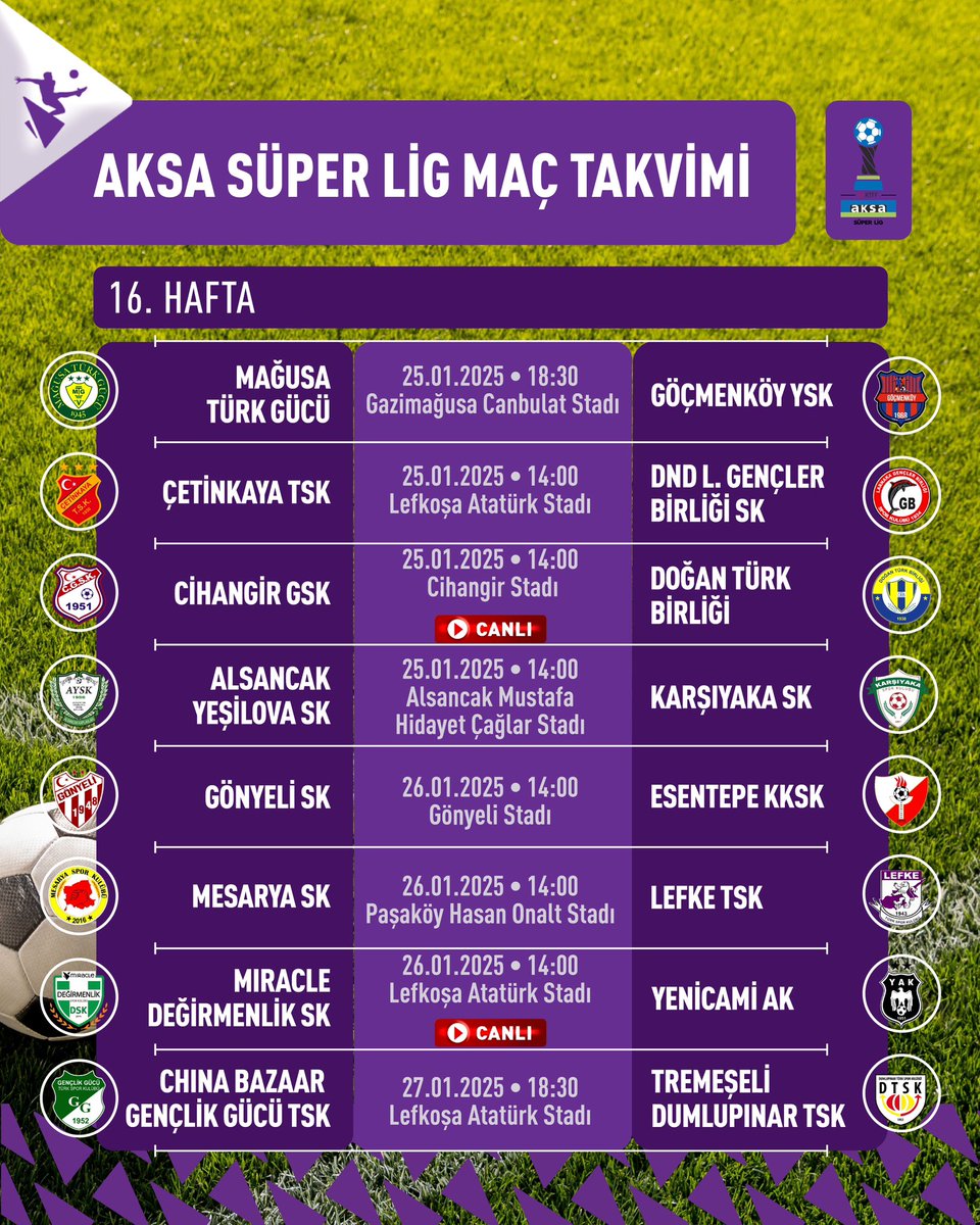 🏆Haydi herkes ekran başına✨
Aksa Süper Lig’de Heyecan dolu 2024-2025 sezonu kaldığı yerden devam ediyor🎉
Takımında ve ligden haberdar olmak için takibe devam et👀
#miraclesportv #aksasüperlig #kktcfutbol #16.hafta #futbol #maç