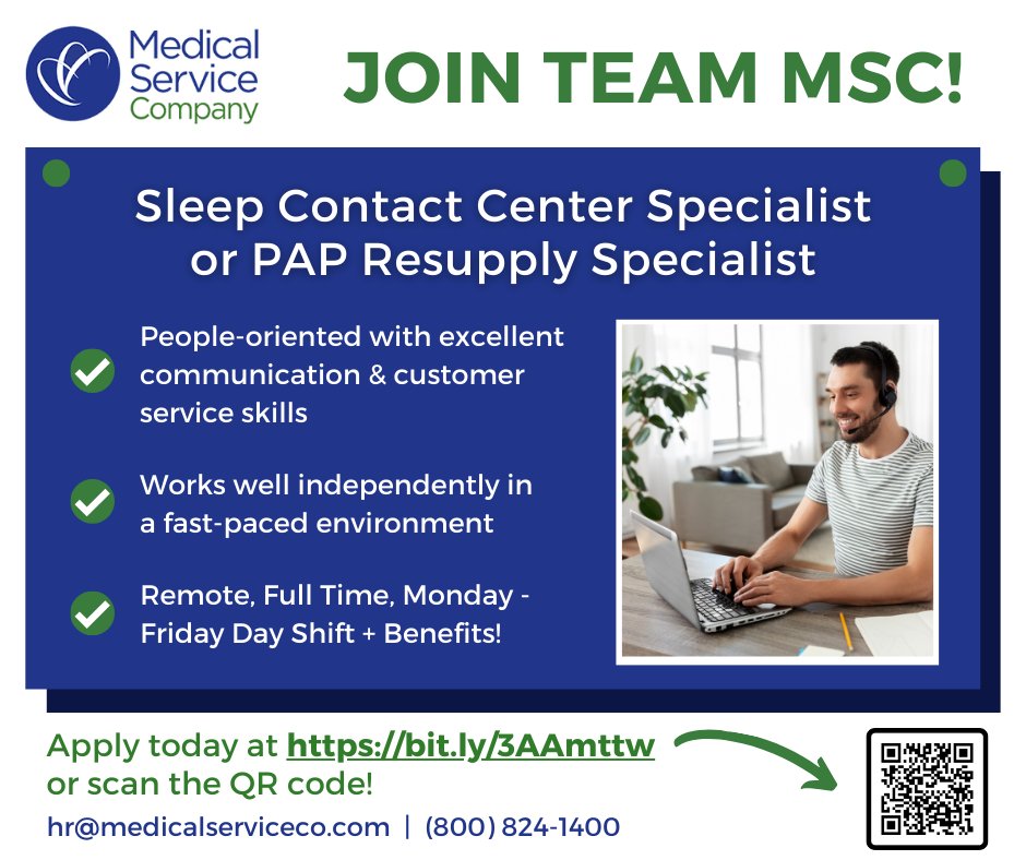 Are you a team player w/ excellent interpersonal and communication skills? Consider joining MSC as a Sleep Contact Center Specialist or PAP Resupply Specialist! Scan the QR code or visit bit.ly/4chB6od to apply today! #JoinTeamMSC #sleep #SleepContactCenter #PAPResupply