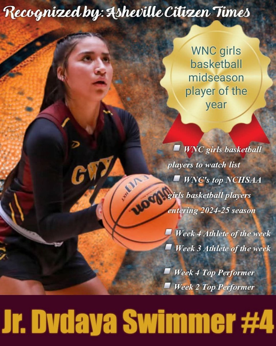 Congratulations to Dvdaya Swimmer (Eastern Band Cherokee), out of Cherokee High School in NC, who was named the Ashville Citizen Times Western North Carolina girls basketball midseason player of the year.

Swimmer is averaging 16.1 points, 2.6 steals and 2.2 rebounds per game.