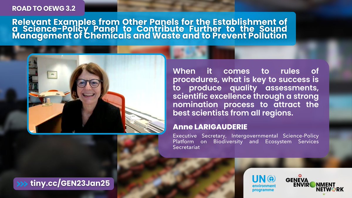 GENeva Environment Network (@genetwork) on Twitter photo <a href="/UNEP/">UN Environment Programme</a> <a href="/IPCC_CH/">IPCC</a> <a href="/IPBES/">ipbes</a> <a href="/IISD_ENB/">Earth Negotiations Bulletin</a> <a href="/ErmiraFida/">Ermira Fida</a> <a href="/JimSkeaIPCC/">Jim Skea</a> <a href="/dobura/">David Obura</a> <a href="/NaliniSharmaGVA/">Nalini Sharma</a> <a href="/IPCPch/">IPCP - International Panel on Chemical Pollution</a> <a href="/ALarigauderie/">Anne Larigauderie</a> Anne Larigauderie, <a href="/IPBES/">ipbes</a> Executive Secretary, highlights how the success of the Panel relies on scientific excellence, to which attracting high-level scientists is fundamental.
She also stresses a good set of operating principles that will "provide the DNA" of the #SPPCWP. <a href="/UNEP/">UN Environment Programme</a> <a href="/IPCC_CH/">IPCC</a> <a href="/IPBES/">ipbes</a> <a href="/IISD_ENB/">Earth Negotiations Bulletin</a> <a href="/ErmiraFida/">Ermira Fida</a> <a href="/JimSkeaIPCC/">Jim Skea</a> <a href="/dobura/">David Obura</a> <a href="/NaliniSharmaGVA/">Nalini Sharma</a> <a href="/IPCPch/">IPCP - International Panel on Chemical Pollution</a> <a href="/ALarigauderie/">Anne Larigauderie</a> Anne Larigauderie, <a href="/IPBES/">ipbes</a> Executive Secretary, highlights how the success of the Panel relies on scientific excellence, to which attracting high-level scientists is fundamental.
She also stresses a good set of operating principles that will "provide the DNA" of the #SPPCWP.