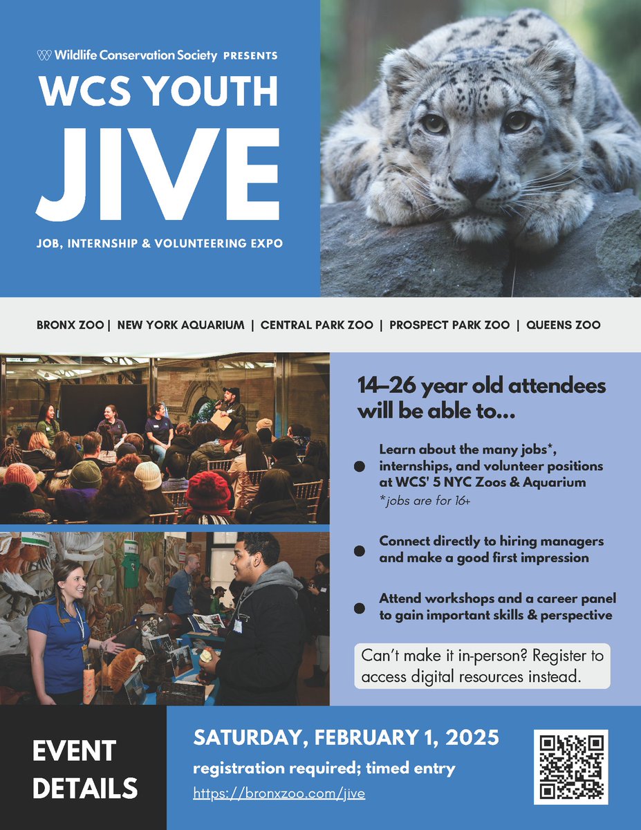 Register now for the 9th annual WCS Youth JIVE. Attend in person <a href="/BronxZoo/">Bronx Zoo</a> this Saturday or sign up to access self-guided digital resources.

This year, approximately 1,900 young people will hold jobs, internships, and volunteer roles at WCS parks.

💻 bronxzoo.com/teens/wcs-yout…