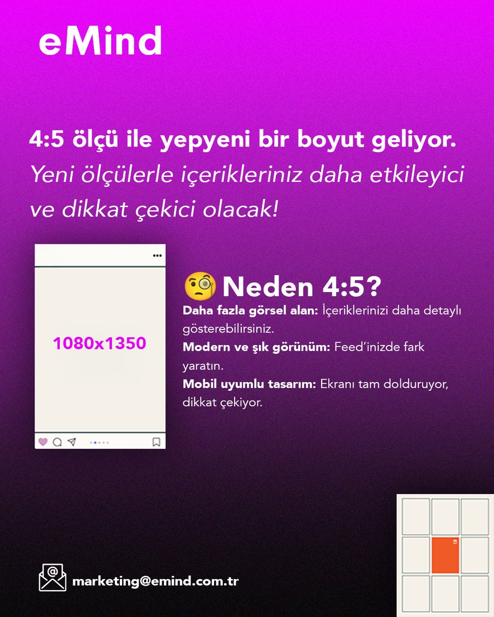 📢 Instagram Post Boyutları Değişti!
 Artık 1:1 (1080x1080) kare yerine, 4:5 (1080x1350) formatına geçildi. Daha fazla alan, daha dikkat çekici içerikler! 🎨
 Yeni boyuta uyum sağlayarak postlarınızla fark yaratmaya hazır mısınız? 🚀
#InstagramUpdate #YeniBoyutlar #InstagramPost