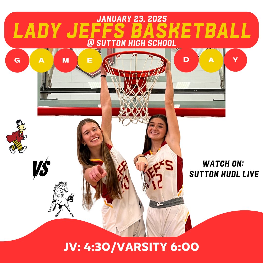 🔴 Gameday at Sutton 🟡

Your Lady Jeffs are hitting the road and headed to Sutton today! 

🏀JV: 4:30 pm
🏀 V: 6:00 pm

👀 Watch: Sutton Hudl Live

#JeffPride