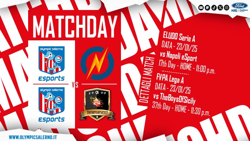 🔜 #Today

<a href="/eLUDO_official/">eLUDO</a> [Serie A]
🗓 17th Day 🏠
🆚 <a href="/NapoliEsports/">Napoli_Esports_Official</a>
⌚ 23:00

<a href="/FVPA_net/">FVPA.net 🇮🇹</a> [Lega A]
🗓 37th Day 🏠
🆚 <a href="/TBS2017_/">TheBoysOfSicily2017</a>
⌚ 23:30

#GoOSE ⚪🔴