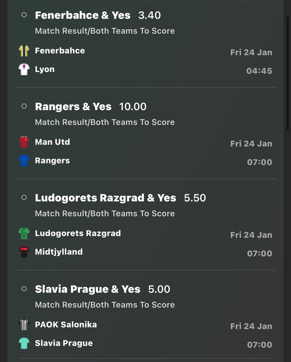 FaithPicks's tweet photo. 🚨🍀 Europa League Parlay ⚽️🇪🇺

(0.1U @ 935.00)
- Fenerbahce ML + BTTS
- Rangers ML + BTTS
- Ludogorets ML + BTTS
- Slavia Prague ML + BTTS

Also RR x 2's (0.1U each)

#GamblingTwitter #GamblingX #bets #parlay #EuropaLeague https://t.co/hIzHoF9K0v