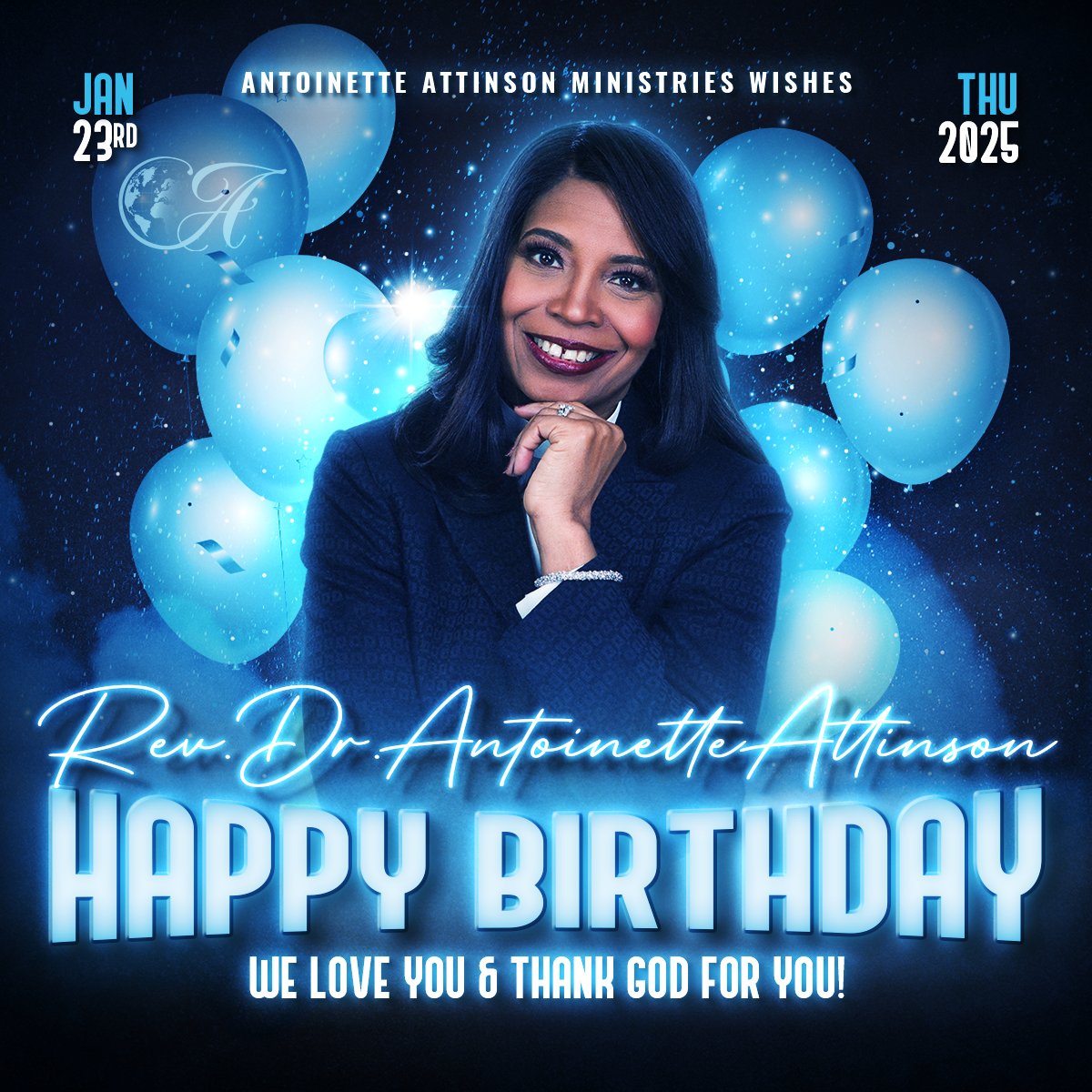 AAttinsonMin's tweet photo. Happy Birthday to our founder, Rev. Dr. Antoinette Attinson! We are all profoundly blessed by your life as well as so many around the world. We pray this day will bring you love, joy, peace, and everything your heart desires! Would you join us in celebrating Dr. Antoinette? https://t.co/sMHMNhZ7B3