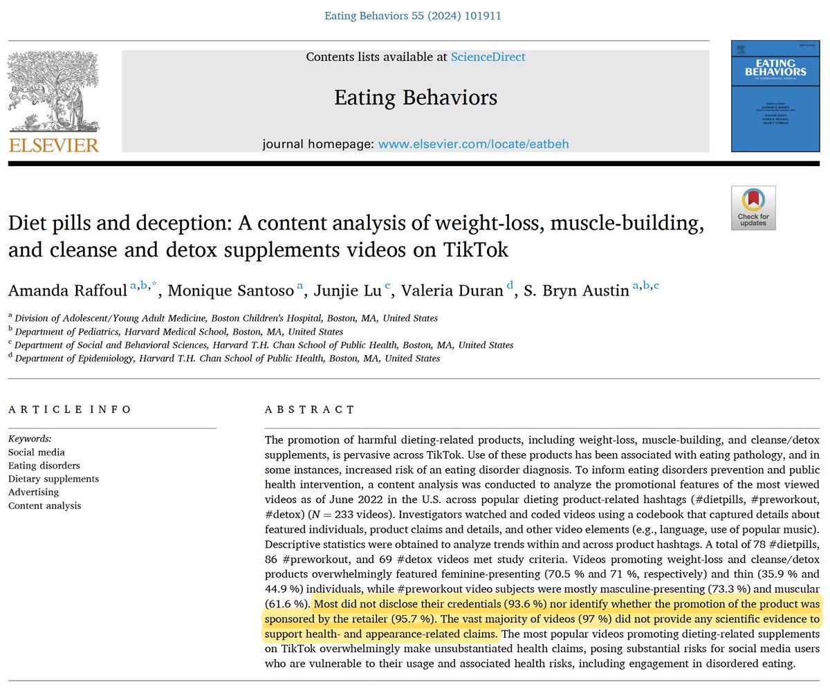 #TikTok’ta diyet hapları, detoks ürünleri ve kas takviyelerini tanıtan videoların %97’si bilimsel kanıt sunmuyor. 

Üstelik %93,6’sında uzmanlık bilgisi belirtilmiyor ve %95,7’sinde sponsor desteği gizleniyor.

#dietpills #preworkout #detox #diyet