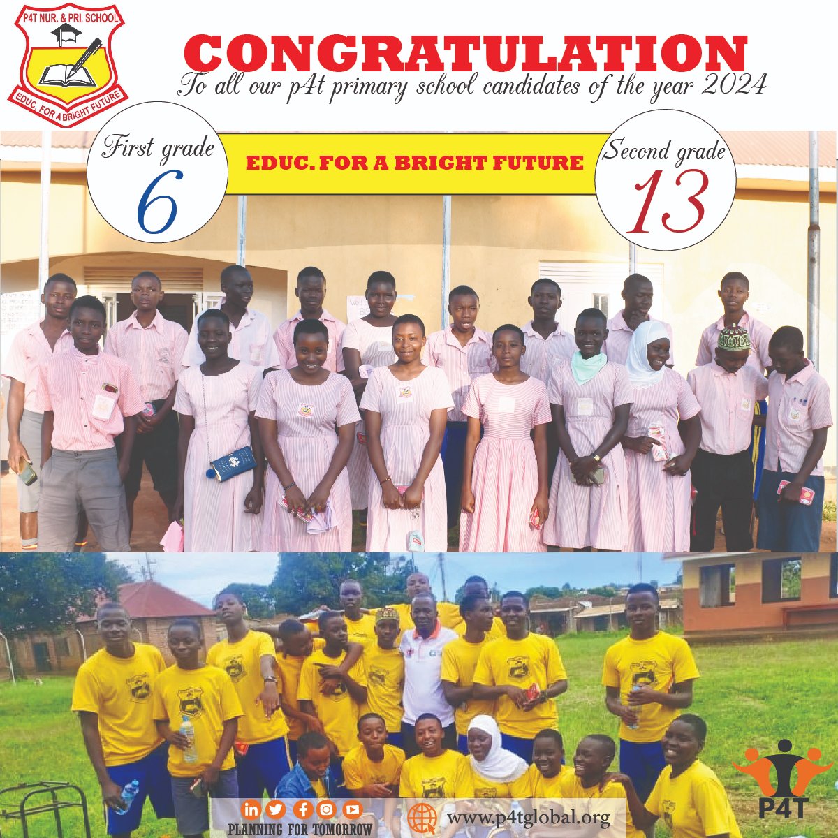 Congratulations to our Primary 7 class of 2024!
Outstanding results: 6 First Grades and 13 Second Grades which makes it a total of 19 candidates who managed to sit for their PLE.
Your dedication and perseverance have earned you this success. 

Well done

p4tglobal.org