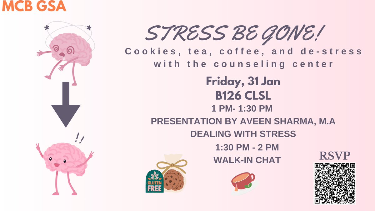 Don't miss GSA's Destress event with the counseling center! 🧠🍪☕🍵