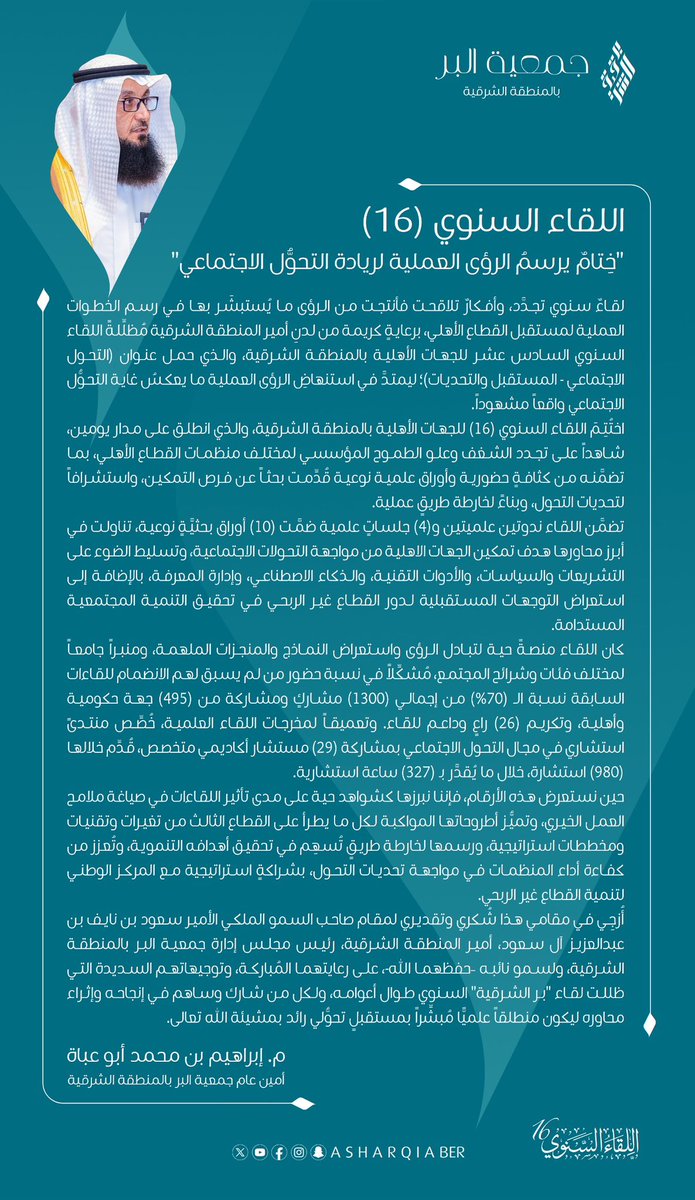 AsharqiaBer's tweet photo. «حين نستعرض هذه الأرقام، فإننا نبرزها كشواهد حية على مدى تأثير اللقاءات في صياغة ملامح العمل الخيري، وتميز أطروحاتها المواكِبة لكل ما يطرأ على #القطاع_الثالث من تغيرات».

#اللقاء_السنوي_16
ختامٌ يرسم الرؤى العملية لريادة التحول الاجتماعي

بقلم 🖊️
سعادة المهندس/ إبراهيم بن محمد أبو عباة @ibrahim_aboabat 
أمين عام #بر_الشرقية
#المنطقة_الشرقية